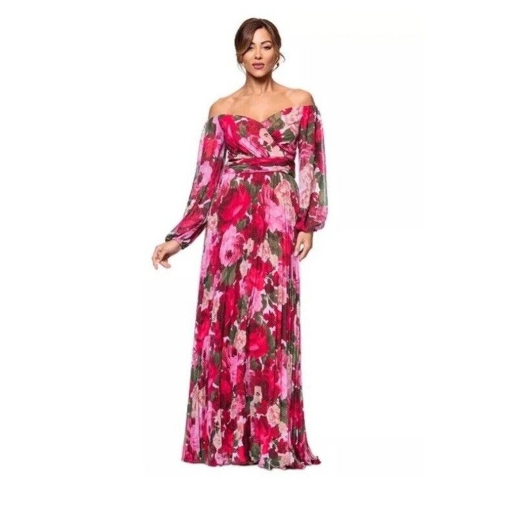 XSCAPE Floral Off-The-Shoulder Pleated Gown SZ 14P NWT